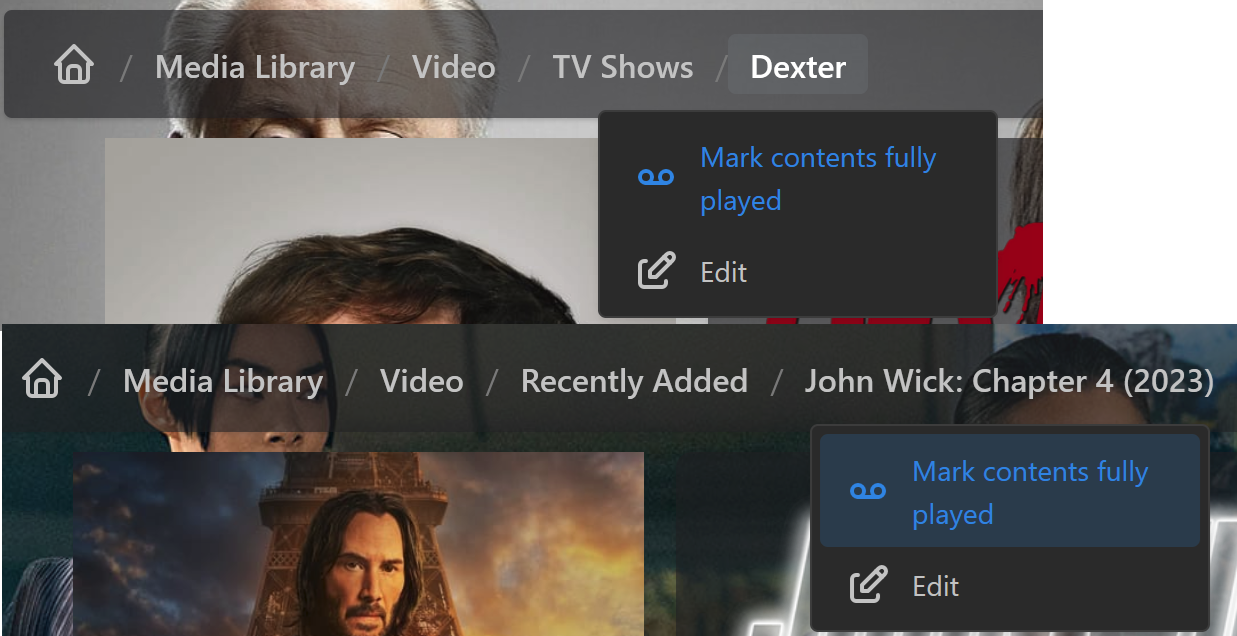 Příklad toho, jak označit seriály a videa za plně přehrané